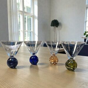 Martini Glass Set of 4 Hand Blown Glass Bubble Base Vintage Multi color